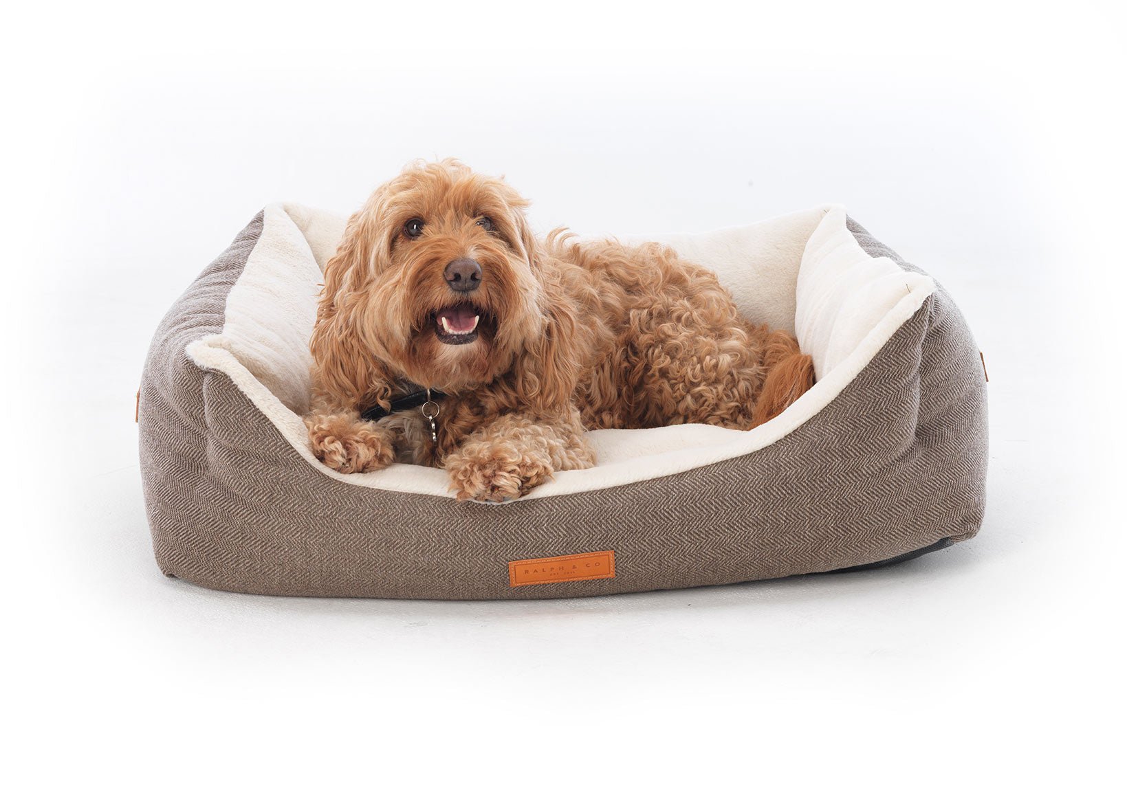 Luxury Tweed Dog Bed Cream Brown Fabric Washable