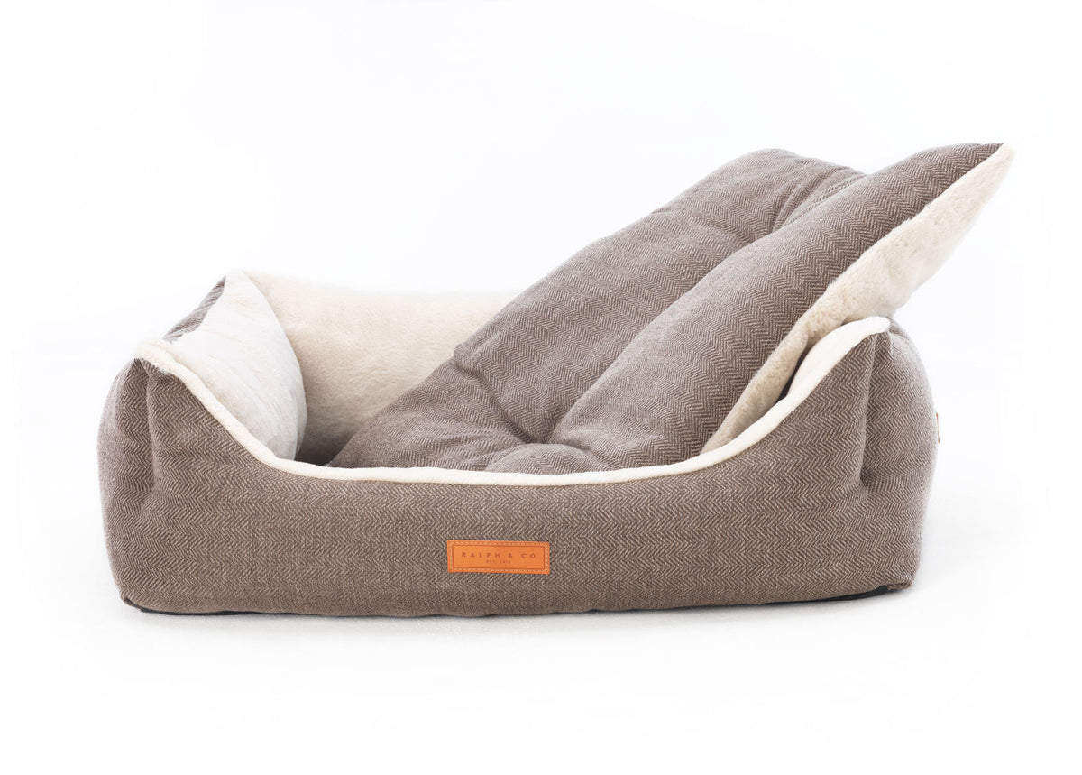 Luxury Tweed Dog Bed | Cream & Brown Fabric | Washable