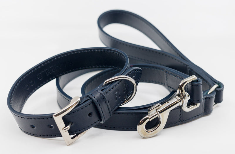 Dark Blue Leather Dog Lead & Collar